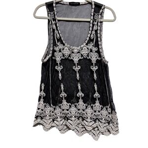 Black Mesh Net Tank Top Cream Crochet Lace Embroidered Boho Goth dark Fairy sz L
